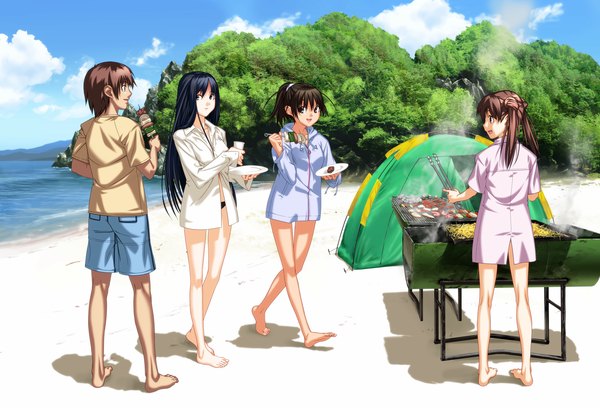 Anime picture 2511x1710 with highres black hair brown hair multiple girls open clothes open shirt beach smoke girl boy water sea 3 girls tent