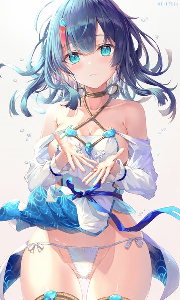 Anime picture 778x1296 with fate (series) fate/requiem utsumi erise rin yuu single long hair tall image looking at viewer blush fringe breasts blue eyes light erotic simple background hair between eyes large breasts standing white background signed blue hair