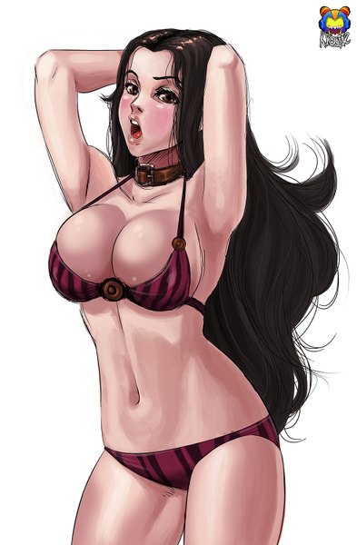 Anime picture 982x1500 with league of legends caitlyn (league of legends) kyoffie12 single long hair tall image looking at viewer breasts open mouth light erotic black hair simple background large breasts white background bare shoulders brown eyes midriff girl navel underwear