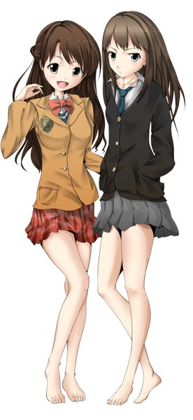 Anime picture 1902x4134 with idolmaster idolmaster cinderella girls solru (tyappygain) long hair tall image highres open mouth black hair simple background brown hair white background multiple girls barefoot legs girl skirt uniform 2 girls school uniform miniskirt