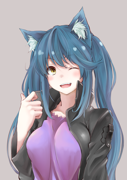 Anime picture 2039x2894 with yumekui merry albireo (yumekui merry) irotoricoto single long hair tall image looking at viewer blush fringe highres breasts open mouth simple background smile large breasts twintails animal ears yellow eyes payot blue hair