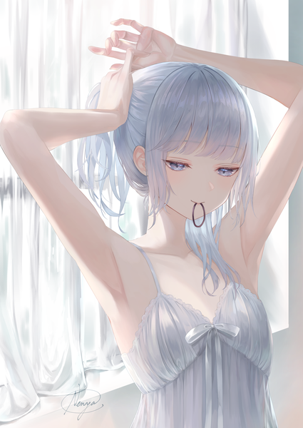 Anime picture 2508x3541 with original nyaon oekaki single long hair tall image blush fringe highres blue eyes standing holding signed payot cleavage silver hair upper body blunt bangs light smile arms up armpit (armpits)