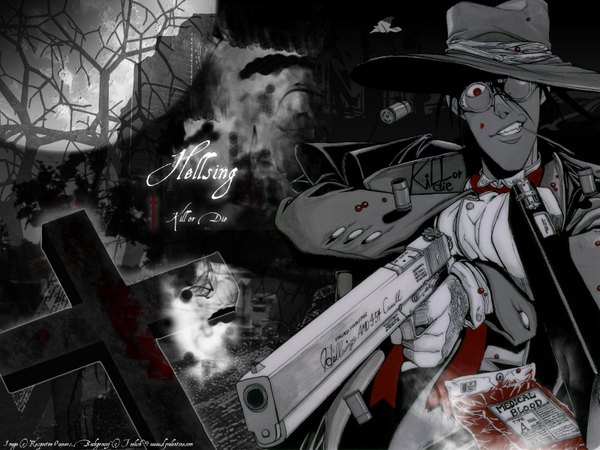 Anime picture 1600x1200 with hellsing alucard (hellsing) long hair black hair red eyes monochrome boy glasses gun