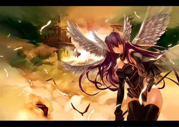 Anime picture 1253x893 with original senri gan single long hair looking at viewer smile red eyes sky cleavage purple hair head wings girl gloves animal wings elbow gloves bird (birds) feather (feathers)