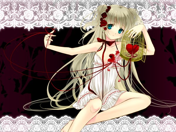 Anime picture 1600x1200 with hisaba iori long hair blue eyes light erotic barefoot grey hair dress flower (flowers) ribbon (ribbons) heart