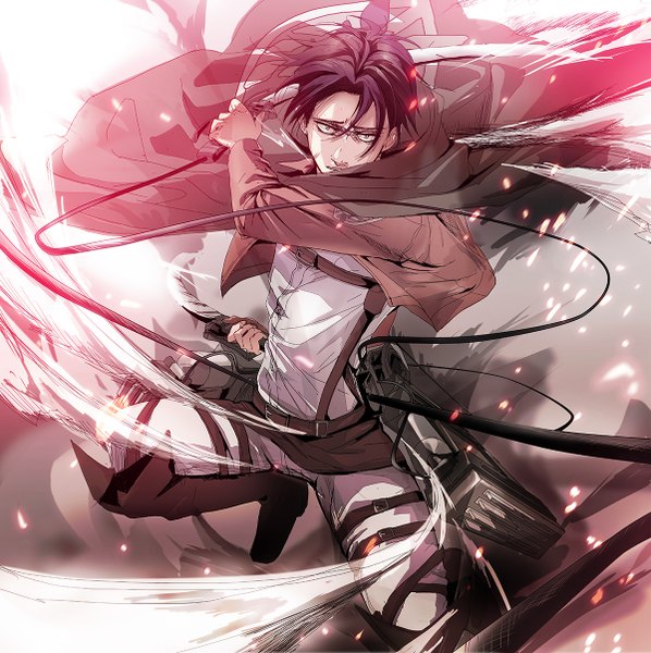 Anime picture 1200x1204 with shingeki no kyojin production i.g levi (rivaille) kawauso single tall image looking at viewer short hair holding purple hair glowing fighting stance serious dual wielding boy weapon boots belt thigh boots fire