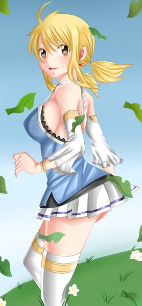 Anime picture 1024x2208 with fairy tail lucy heartfilia mmdlucyextend single long hair tall image breasts open mouth light erotic blonde hair smile twintails yellow eyes sky pleated skirt looking back coloring girl thighhighs skirt
