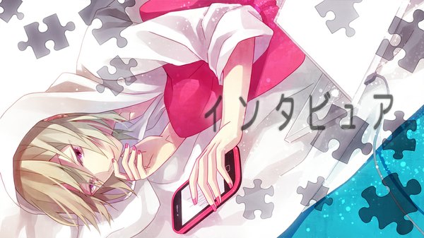 Anime picture 1000x563 with nico nico singer 96neko yuzuki karu single short hair blonde hair wide image purple eyes lying nail polish hieroglyph reverse trap girl pillow hood iphone puzzle