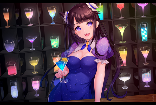 Anime picture 1517x1024 with original miyaichi single long hair looking at viewer breasts open mouth brown hair large breasts purple eyes holding cleavage :d hair bun (hair buns) dutch angle puffy sleeves covered navel girl transparent clothing drink