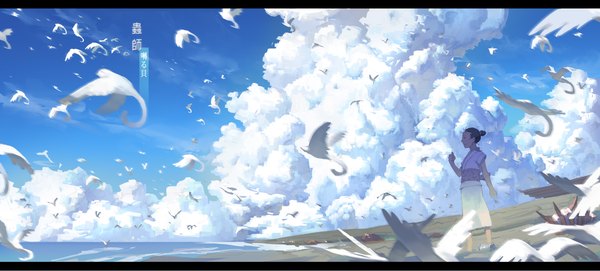 Anime picture 1766x800 with original zxq single highres short hair black hair wide image standing sky cloud (clouds) traditional clothes japanese clothes hair bun (hair buns) letterboxed flying scenic boy plant (plants) animal water