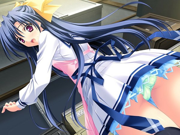 Anime picture 1024x768 with sakura bitmap (game) long hair open mouth light erotic purple eyes blue hair game cg girl underwear panties serafuku
