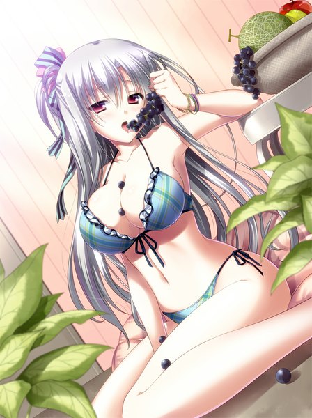 Anime picture 800x1070 with original shouna mitsuishi single long hair tall image looking at viewer breasts light erotic large breasts purple eyes silver hair girl navel swimsuit bikini food leaf (leaves) berry (berries) grapes