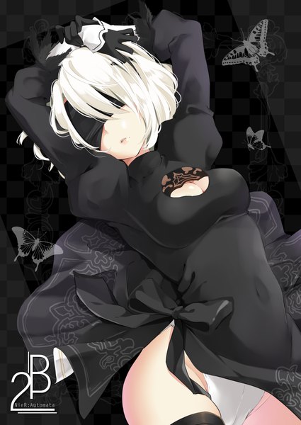 Anime picture 1002x1416 with nier nier:automata yorha no. 2 type b kuune rin single tall image short hair breasts light erotic white hair mole copyright name character names covered navel mole under mouth checkered checkered background blindfold hands on head girl