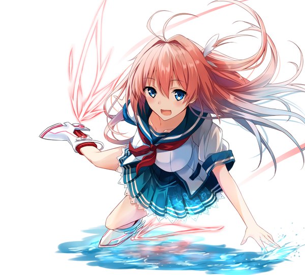 イラスト 953x862 と 蒼の彼方のフォーリズム sprite (company) kurashina asuka つえづ ソロ 長髪 カメラ目線 赤面 開いた口 青い目 simple background hair between eyes 白背景 ピンク髪 アホ毛 サイドポニーテール flying 女の子 制服 翼