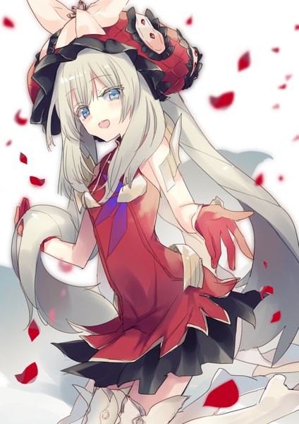 Anime picture 707x1000 with fate (series) fate/grand order marie antoinette (fate/grand order) hanepochi single tall image looking at viewer blush fringe open mouth blue eyes simple background smile hair between eyes white background twintails silver hair very long hair :d kneeling