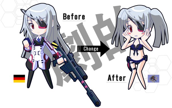 Anime picture 1920x1200 with infinite stratos 8bit laura bodewig long hair blush highres open mouth blonde hair red eyes wide image twintails grey hair inscription chibi girl weapon gun eyepatch flag