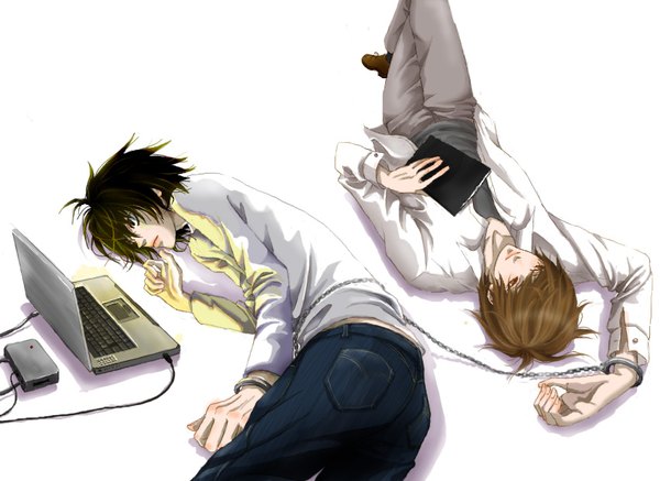 Anime picture 850x620 with death note madhouse yagami light l (death note) nattsu (pegimin) fringe short hair black hair simple background hair between eyes brown hair white background holding brown eyes looking away full body lying black eyes multiple boys on back
