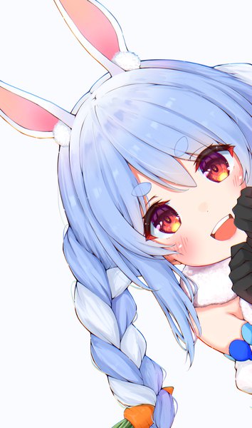 Anime picture 2122x3596 with virtual youtuber hololive usada pekora usada pekora (1st costume) kohe billialot single long hair tall image looking at viewer blush highres open mouth simple background red eyes white background animal ears blue hair upper body braid (braids) :d