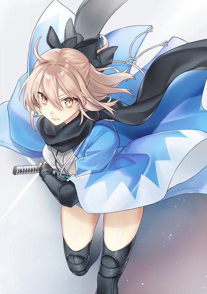 Anime picture 670x950 with fate (series) fate/grand order koha-ace okita souji (fate) (all) okita souji (koha-ace) shiao single tall image fringe short hair blonde hair hair between eyes yellow eyes ahoge traditional clothes japanese clothes from above half updo ready to draw shinsengumi