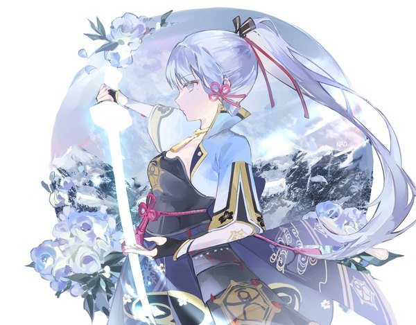 Anime picture 3200x2500 with genshin impact kamisato ayaka nao (naooo 1230) single long hair fringe highres blue eyes blue hair looking away absurdres ponytail profile mole mole under eye bad proportions girl flower (flowers) weapon sword