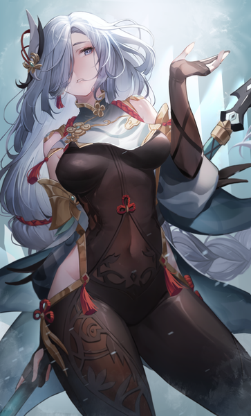 Anime picture 2600x4300 with genshin impact shenhe (genshin impact) netural single long hair tall image fringe highres breasts light erotic large breasts standing holding looking away silver hair braid (braids) parted lips arm up wind hair over one eye
