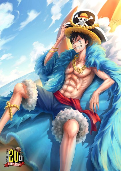 Anime picture 713x1008 with one piece toei animation monkey d. luffy liang jian single tall image looking at viewer fringe short hair black hair smile hair between eyes sitting signed sky cloud (clouds) outdoors arm up black eyes blurry