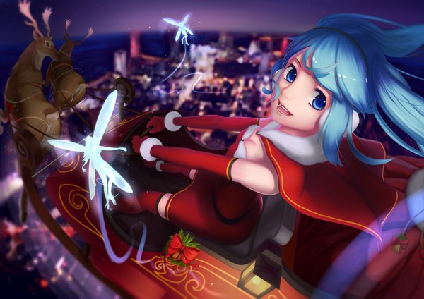 Anime picture 3543x2505 with vocaloid hatsune miku wei ji single long hair looking at viewer highres open mouth blue eyes twintails blue hair absurdres fairy girl thighhighs gloves animal elbow gloves reindeer