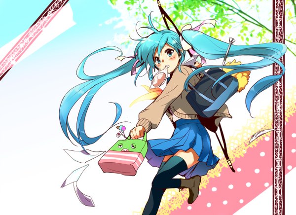 Anime picture 1299x945 with vocaloid hatsune miku amanattou single long hair looking at viewer blush twintails holding blue hair sky bent knee (knees) pleated skirt multicolored hair aqua eyes aqua hair embarrassed mouth hold outstretched arm gradient hair