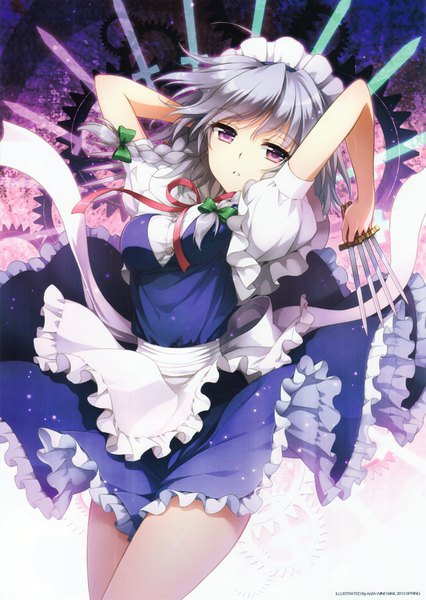 Anime picture 1995x2809 with touhou izayoi sakuya an2a single tall image looking at viewer fringe highres short hair purple eyes holding silver hair braid (braids) parted lips wind scan arms up bare legs short sleeves maid