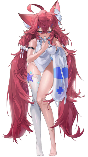 Anime picture 1683x2993 with original rima rima ri single tall image looking at viewer fringe breasts blue eyes light erotic simple background hair between eyes large breasts standing white background twintails holding animal ears payot full body ahoge