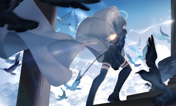 Anime picture 1200x720 with arknights arene (arknights) mizukai single short hair wide image sky cloud (clouds) grey hair from behind thighhighs boy black thighhighs animal heart bird (birds) halo crow