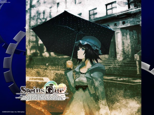 Anime picture 1600x1200 with steins;gate white fox single short hair black hair black eyes girl dress hat building (buildings) umbrella