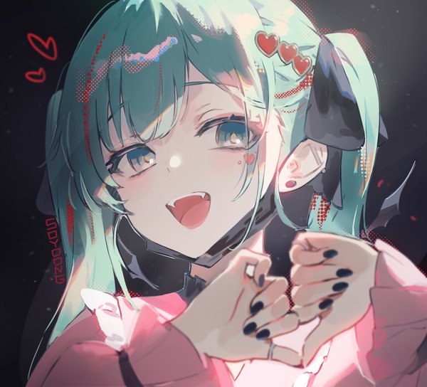 Anime picture 2120x1922 with vocaloid vampire (vocaloid) hatsune miku soyoong jun single long hair highres open mouth simple background twintails signed upper body nail polish :d aqua eyes aqua hair black background black nail polish heart hands mask pull