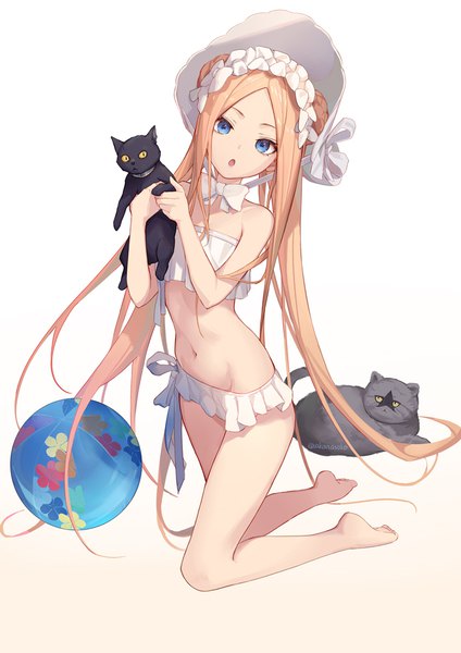 Anime picture 700x990 with fate (series) fate/grand order abigail williams (fate) abigail williams (swimsuit foreigner) (fate) sakanasoko single long hair tall image looking at viewer open mouth blue eyes light erotic simple background blonde hair white background holding signed full body head tilt barefoot