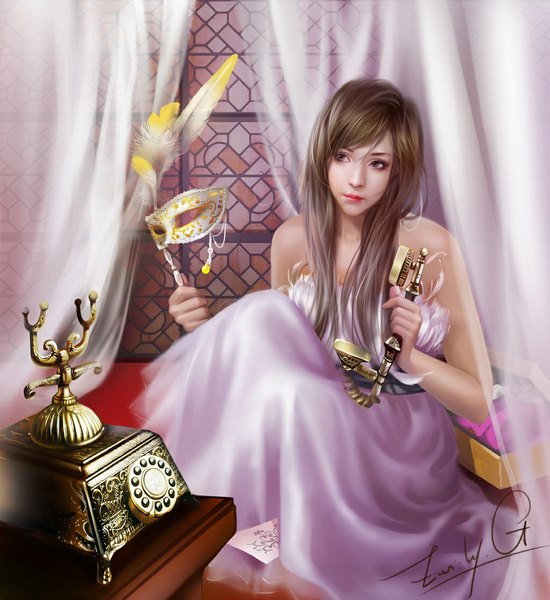 Anime picture 1024x1117 with emilyg single long hair tall image brown hair sitting bare shoulders holding brown eyes signed realistic girl dress curtains feather (feathers) mask phone box