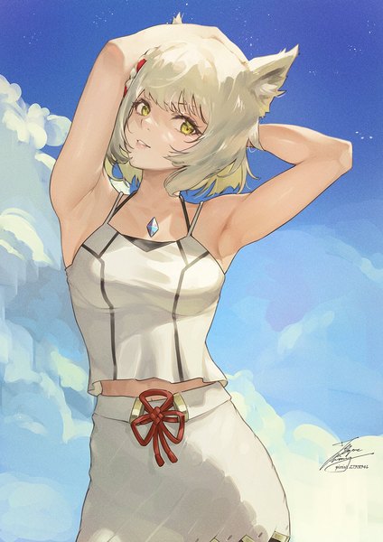Anime-Bild 1061x1500 mit xenoblade xenoblade 3 mio (xenoblade) fadingz single tall image fringe short hair blonde hair smile standing green eyes signed animal ears looking away sky cloud (clouds) outdoors parted lips head tilt