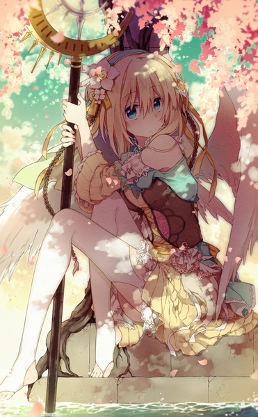 Anime picture 720x1163 with original nana kusun single long hair tall image looking at viewer blush fringe blonde hair sitting bare shoulders holding sky cloud (clouds) bent knee (knees) barefoot hair flower sunlight no shoes cherry blossoms