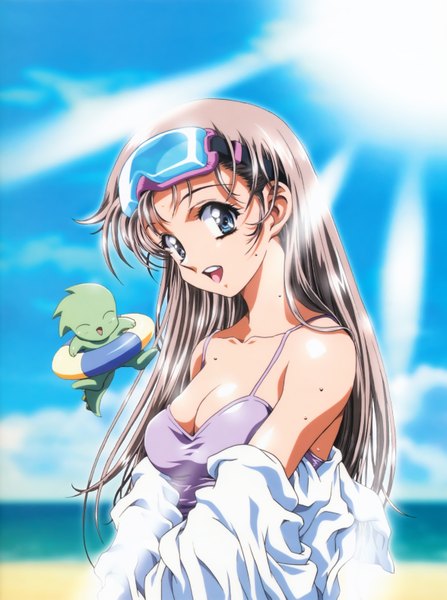 Anime picture 4699x6299 with kawarajima kou single long hair tall image looking at viewer highres open mouth blue eyes bare shoulders absurdres sky cloud (clouds) grey hair scan girl goggles