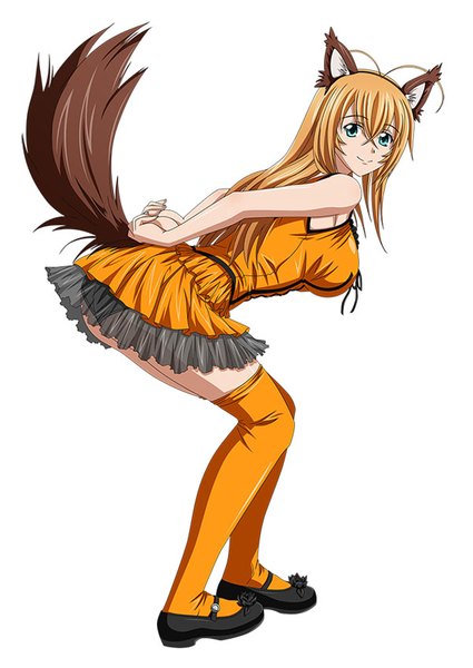 Anime picture 600x847 with ikkitousen sonsaku hakufu single long hair tall image looking at viewer blue eyes light erotic simple background blonde hair smile white background animal ears tail animal tail girl thighhighs