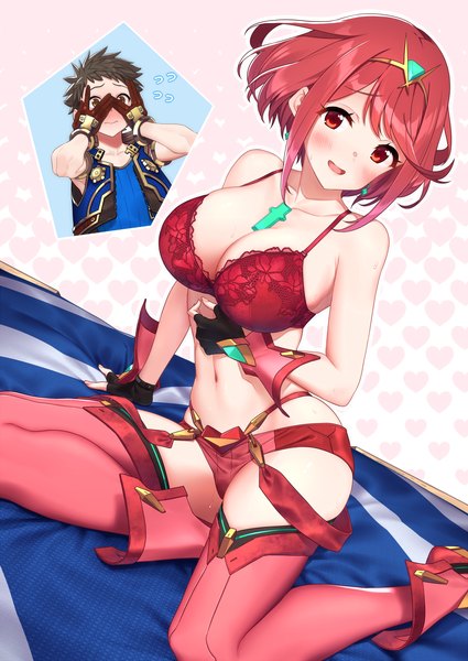 Anime picture 1880x2655 with xenoblade xenoblade 2 pyra (xenoblade) rex (xenoblade 2) baffu tall image looking at viewer blush fringe highres short hair breasts open mouth light erotic simple background red eyes brown hair large breasts sitting bare shoulders