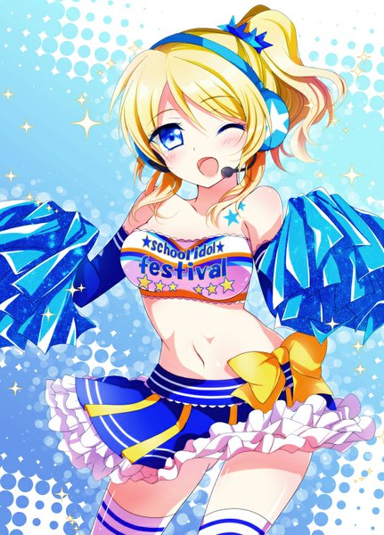 Anime picture 634x882 with love live! school idol project sunrise (studio) love live! ayase eli ichiyou moka single tall image blush short hair open mouth blue eyes blonde hair smile bare shoulders ponytail one eye closed wink sparkle midriff tattoo