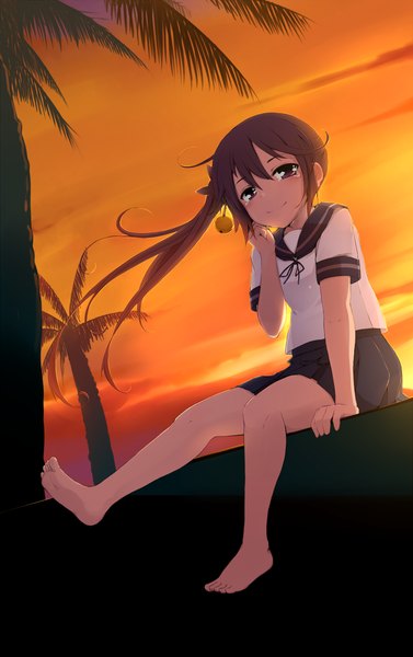 Anime picture 826x1313 with kantai collection akebono destroyer akebono (kantai collection) momo (higanbana and girl) single long hair tall image smile brown hair sitting brown eyes barefoot bare legs evening sunset girl skirt plant (plants) tree (trees) bell