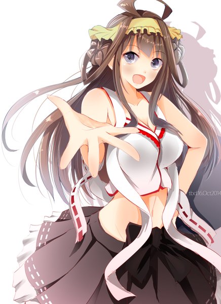 Anime picture 1454x2000 with kantai collection kongou battleship tebi (tbd11) single long hair tall image looking at viewer blush fringe open mouth simple background brown hair white background purple eyes bare shoulders signed ahoge bare belly :o shadow