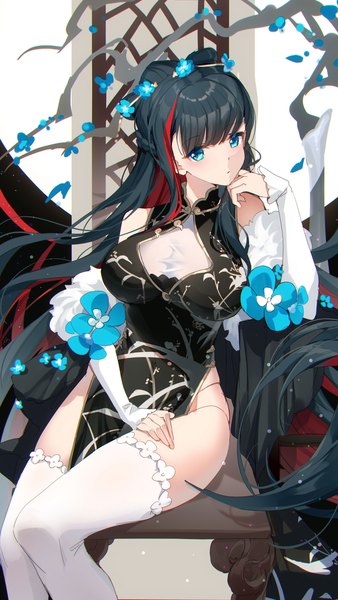 Anime picture 1200x2133 with original bison cangshu single long hair tall image looking at viewer fringe breasts blue eyes light erotic black hair large breasts sitting bare shoulders blunt bangs traditional clothes head tilt multicolored hair arm up two-tone hair