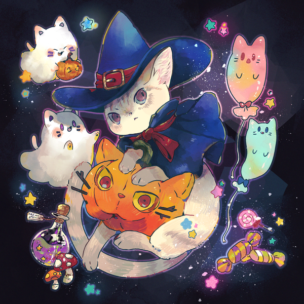 Anime picture 2000x2000 with original nekozane chisa highres halloween no people ghost hat animal food sweets star (symbol) cat witch hat candy lollipop mantle balloon mushroom (mushrooms) flask
