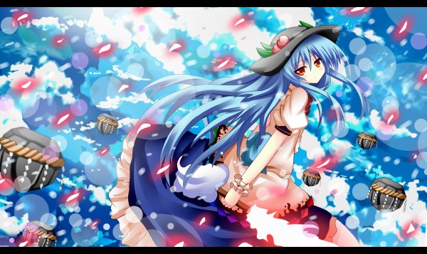 Anime picture 1200x714 with touhou hinanawi tenshi shineka single long hair red eyes wide image blue hair letterboxed girl dress hat petals sword
