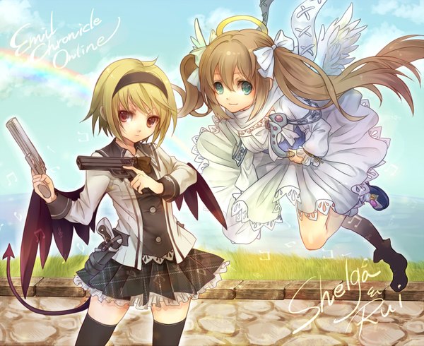 Anime picture 1500x1227 with emil chronicle online senano-yu long hair short hair blue eyes blonde hair red eyes brown hair twintails multiple girls demon tail girl thighhighs dress weapon black thighhighs 2 girls miniskirt wings hairband