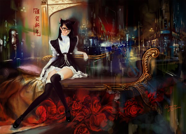 Anime picture 1680x1211 with original wayne chan single long hair looking at viewer black hair sitting animal ears black eyes cat ears cat girl girl thighhighs dress gloves flower (flowers) black thighhighs glasses elbow gloves white gloves