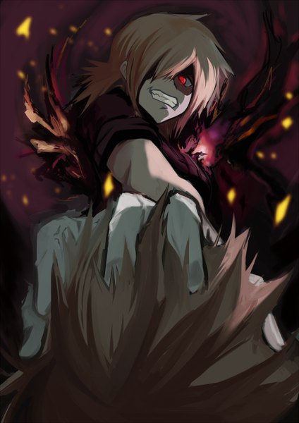 Anime picture 1000x1414 with hellsing seras victoria tall image fringe short hair blonde hair red eyes hair over one eye grin girl