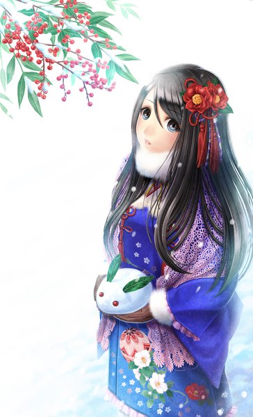 Anime picture 728x1200 with original madopen single long hair tall image looking at viewer blush fringe blue eyes black hair hair between eyes standing holding traditional clothes parted lips japanese clothes fur trim floral print snowing winter